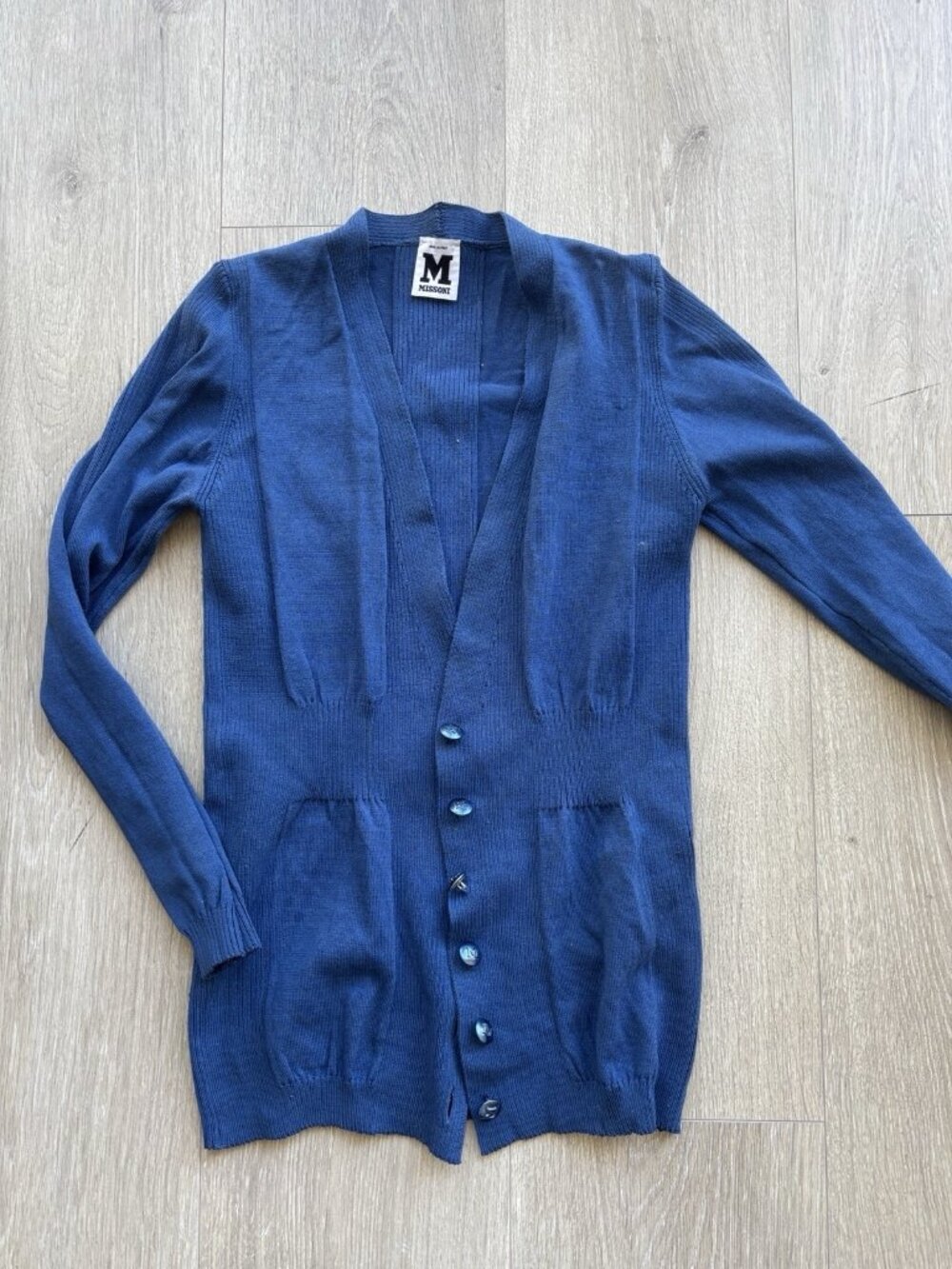 Missoni Blue Cotton V-Neck Cardigan Sweater Italy Sz 42 Buttons Flaws